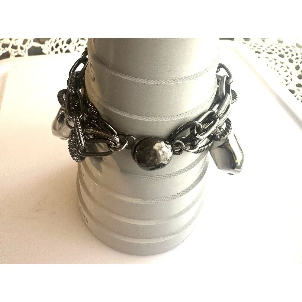 Gunmetal Multi Strand Charm Bracelet Crystal Rhinestone Chunky Statement 7